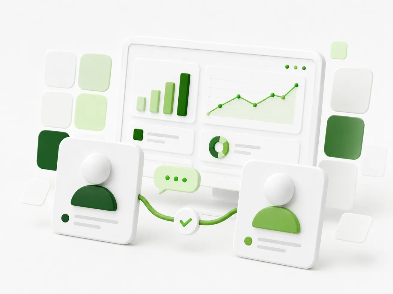 Dwie osoby połączone rozmową, w tle dashboard Power BI