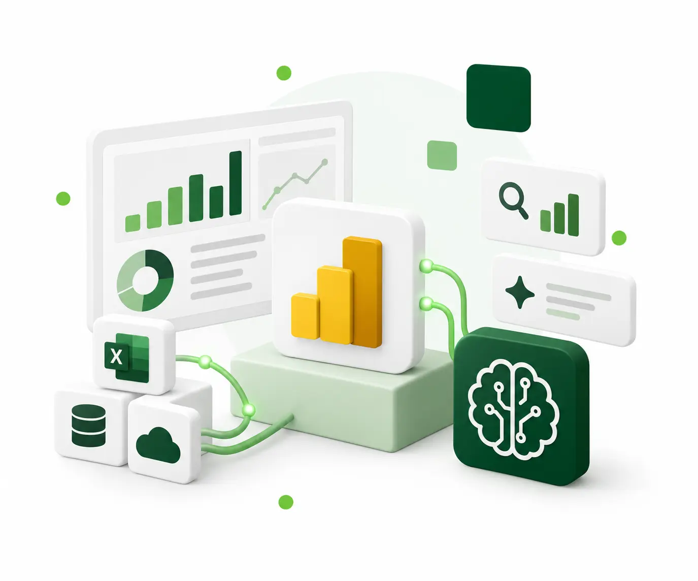 Dane z Excela, bazy i chmury płynące do wykresu Power BI połączonego z modułem sztucznej inteligencji