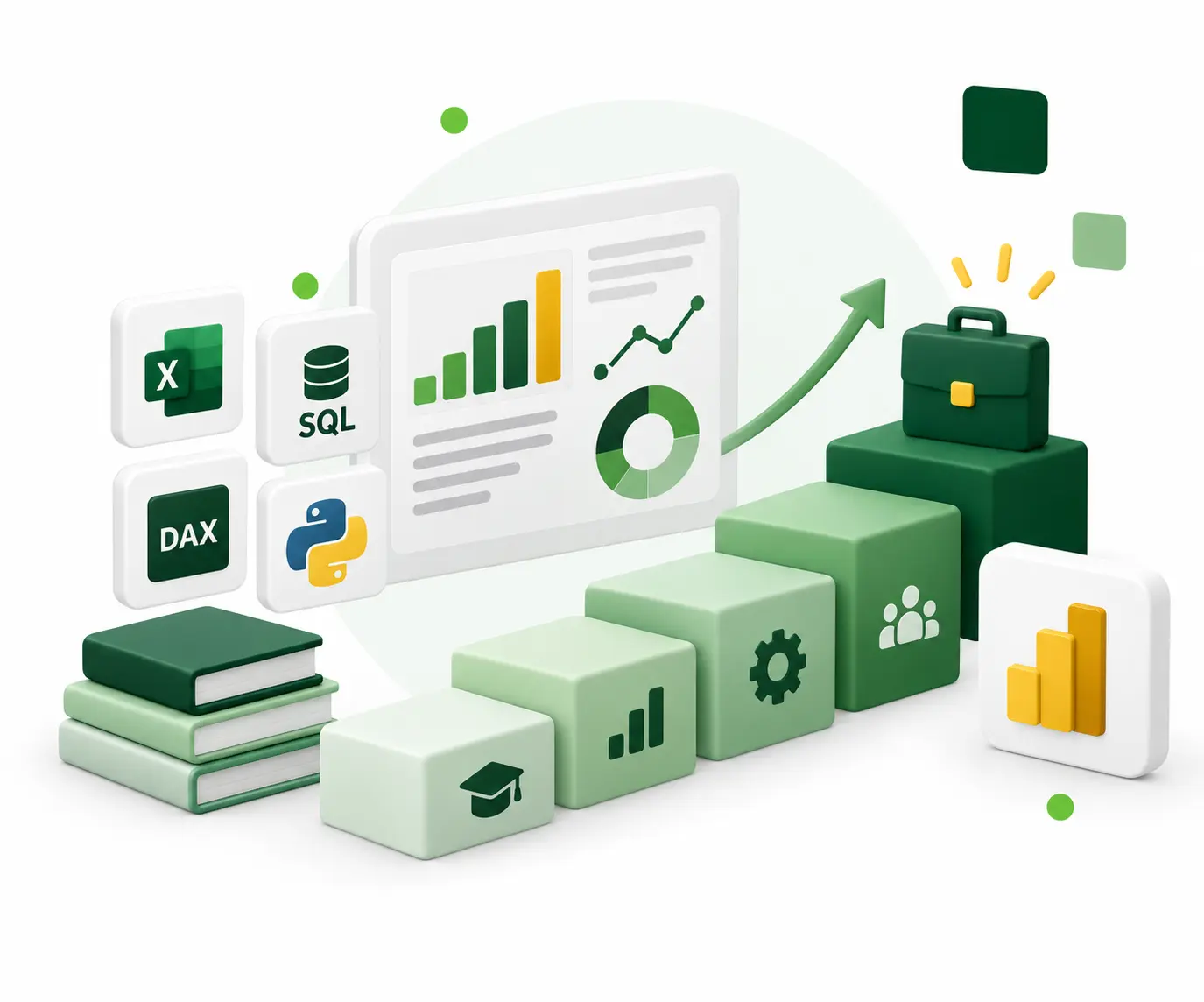 Narzędzia analityka danych – Excel, SQL, DAX, Python – obok dashboardu i rosnących schodków kariery zakończonych teczką