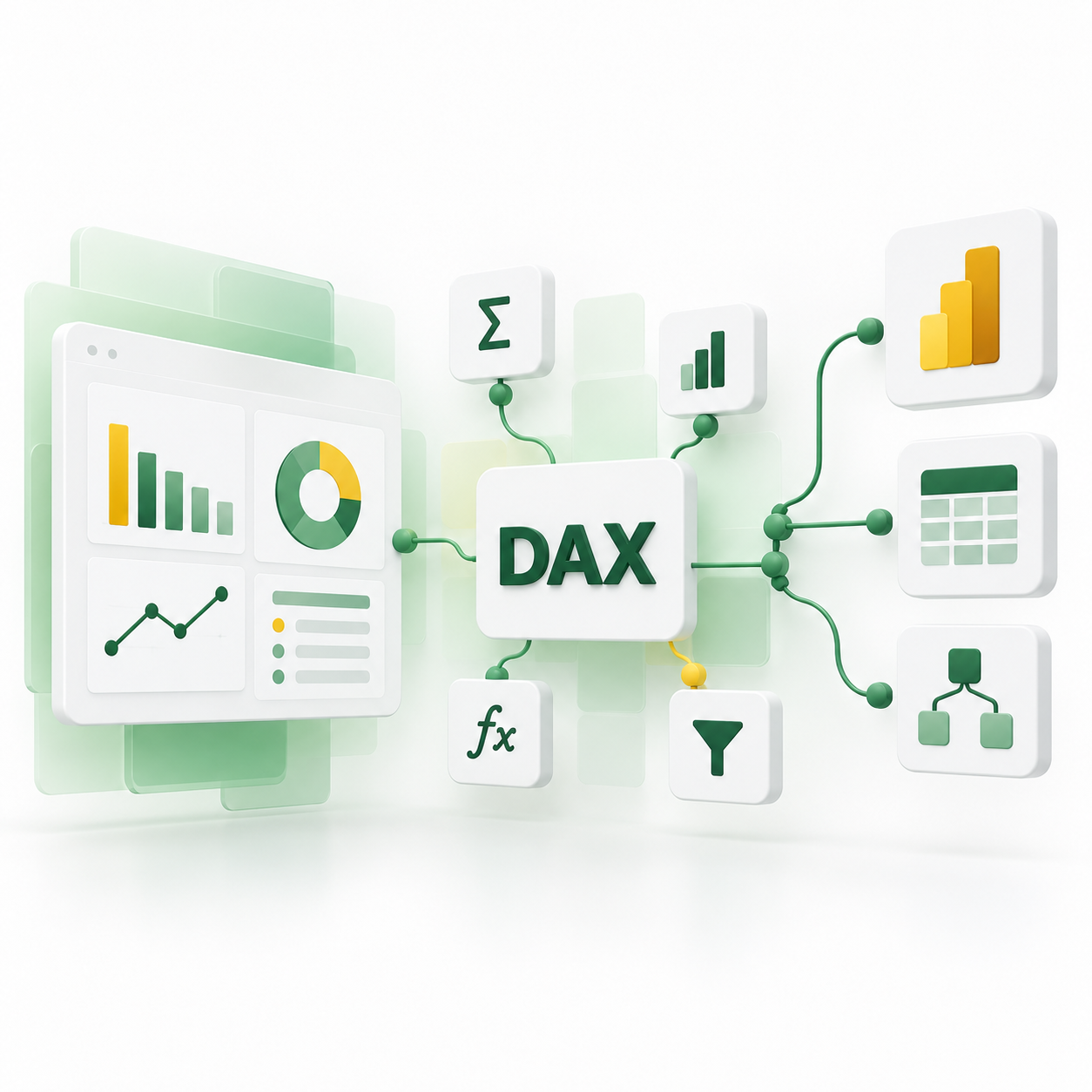 Kostka z napisem DAX połączona z dashboardem Power BI i strukturami danych – funkcje, formuły i filtry