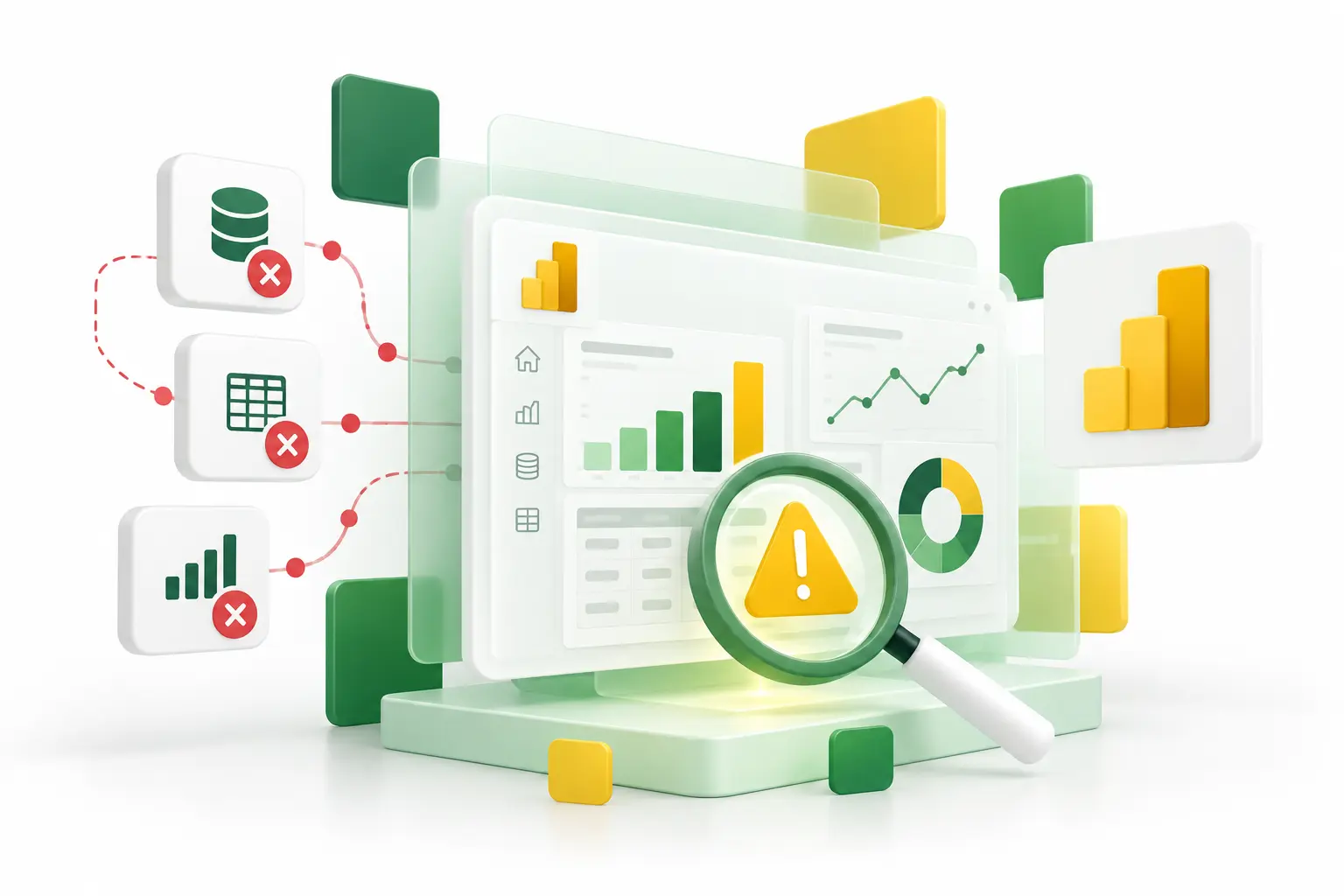 Dashboard Power BI z lupą i ikoną ostrzeżenia obok danych oznaczonych czerwonym X – typowe błędy w raportach