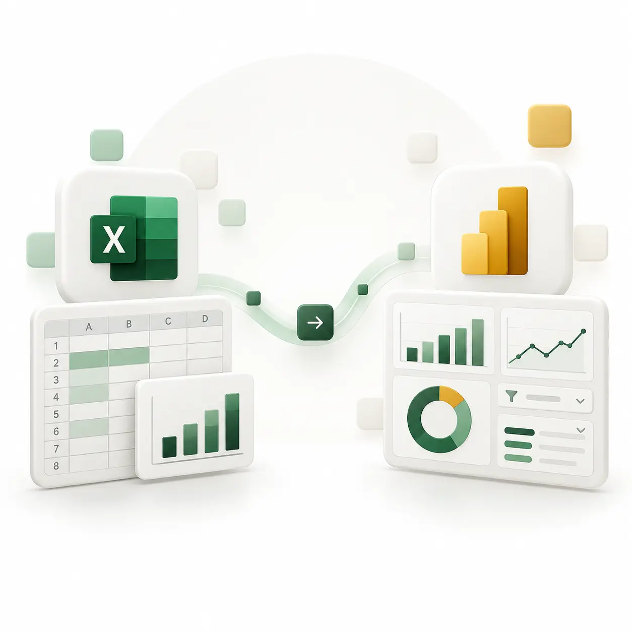 Ikona Excela przechodząca w dashboard Power BI – porównanie arkusza kalkulacyjnego i interaktywnego raportu