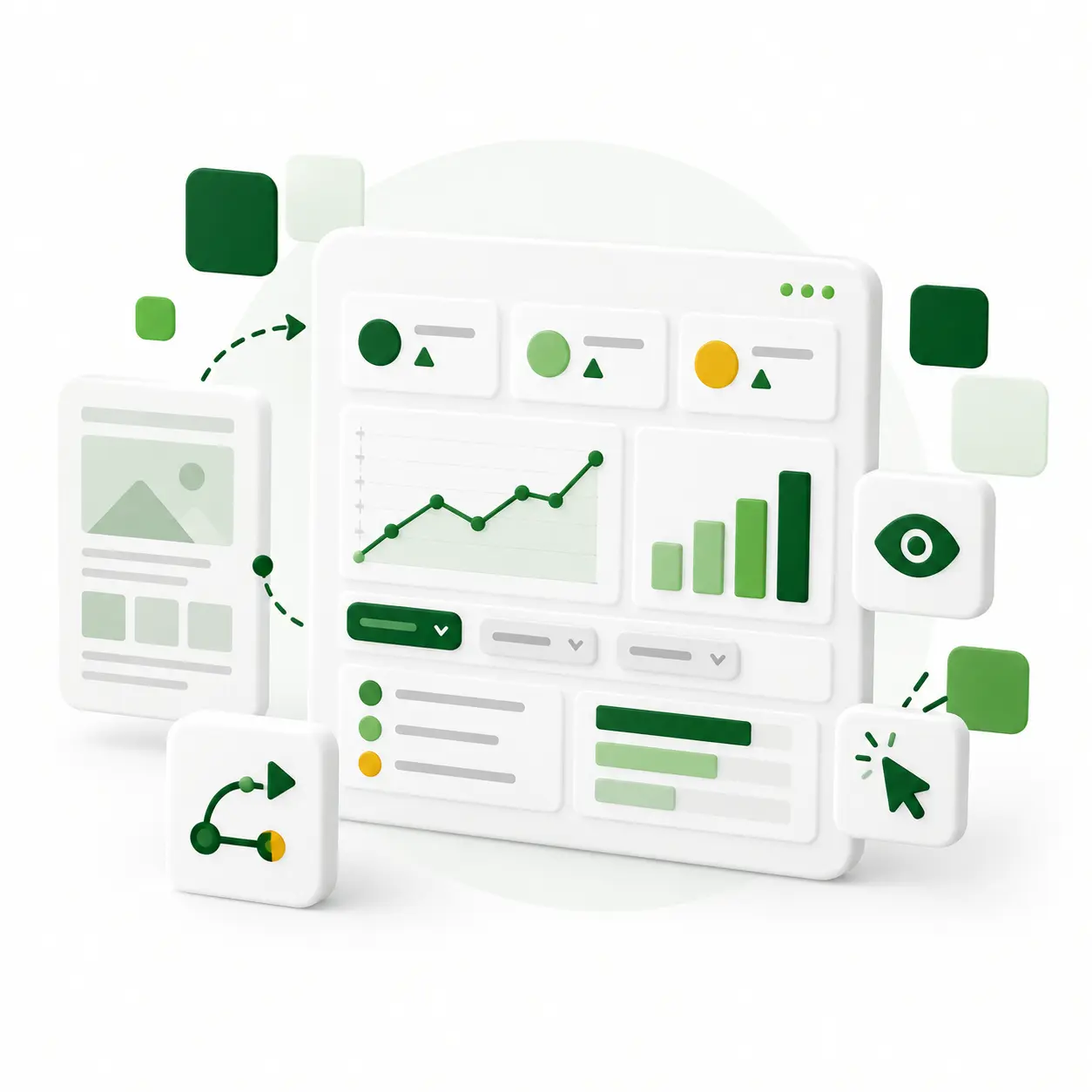 Dashboard Power BI z wykresami i wskaźnikami obok makiety układu strony, ikony oka i kursora – projektowanie UX/UI raportu