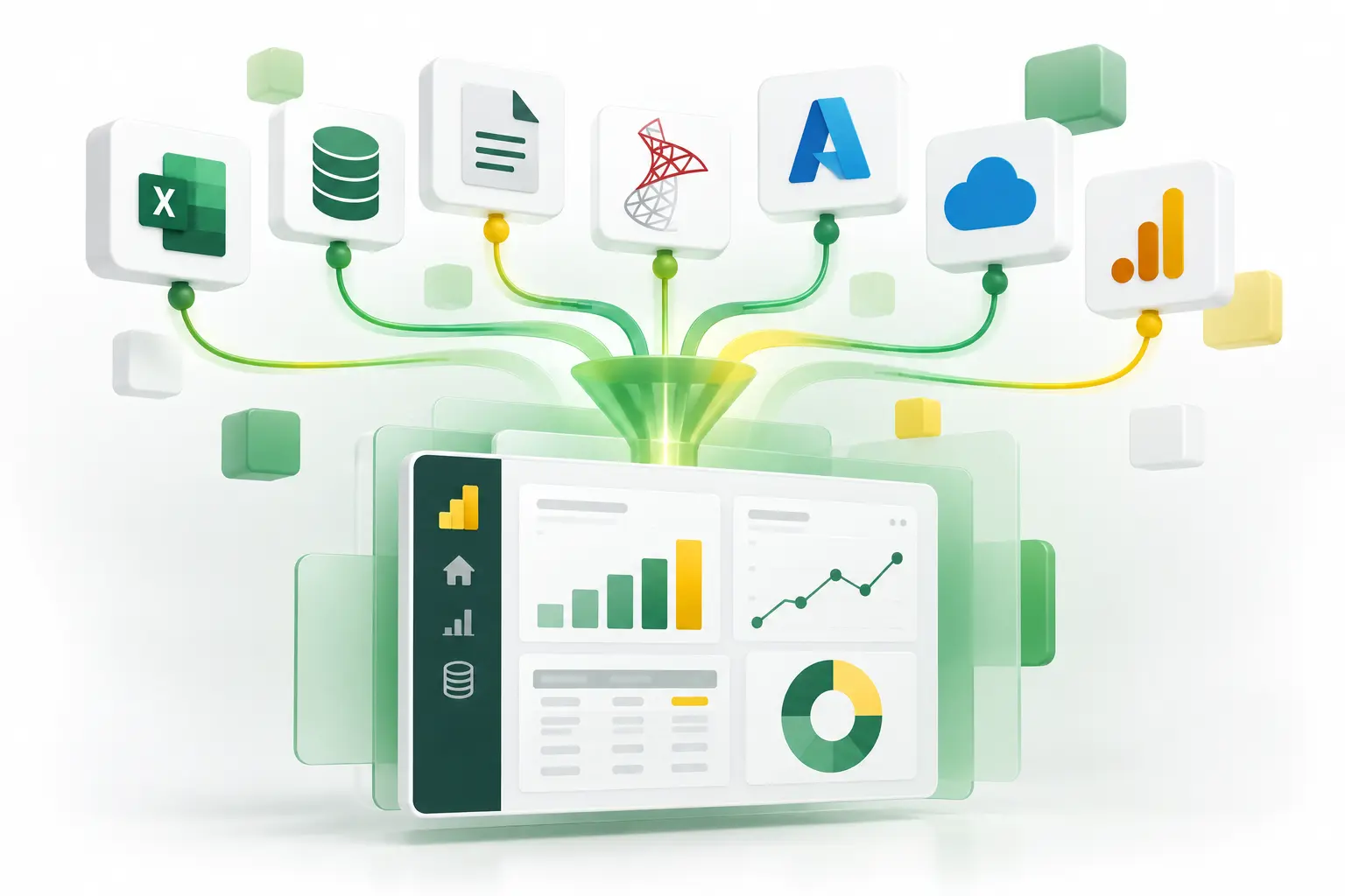 Różne źródła danych – Excel, baza danych, dokument, SQL Server, Azure, chmura – spływające przez lejek do dashboardu Power BI